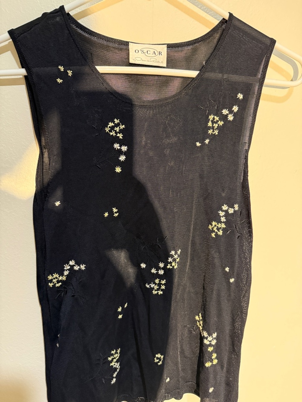 Oscar de la Renta Navy Sleeveless Mesh Tank with Cream Floral Embroidery